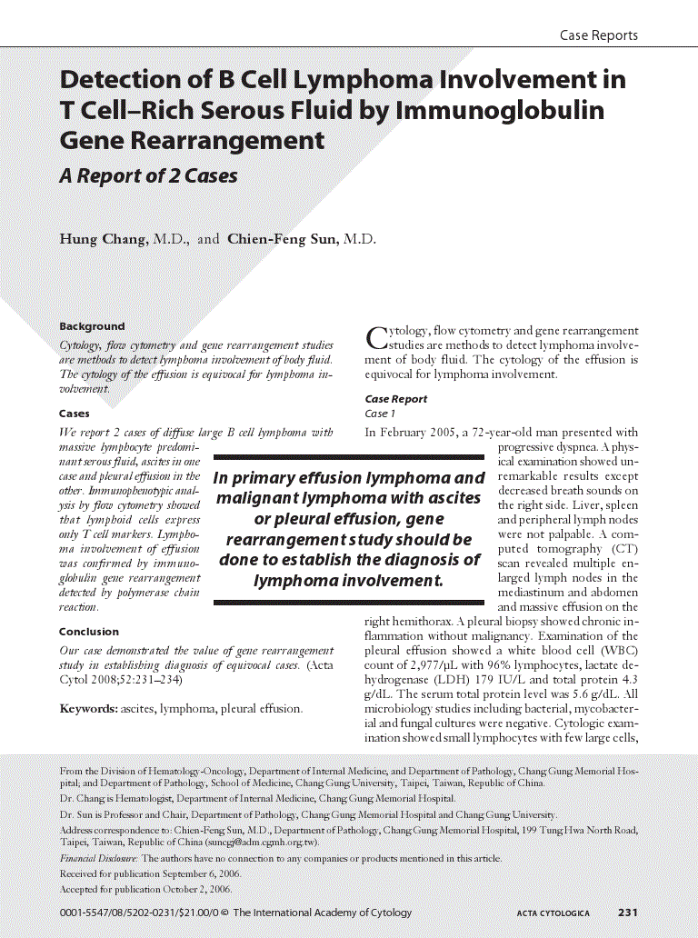 First page of Detection of B Cell Lymphoma Involvement in T Cell–Rich Serous Fluid by Immunoglobulin Gene Rearrangement<subtitle>A Report of 2 Cases</subtitle>