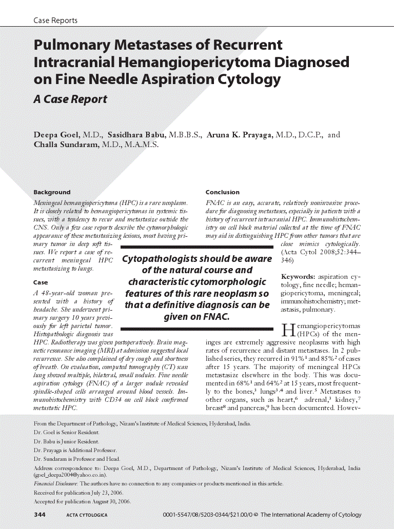 First page of Pulmonary Metastases of Recurrent Intracranial Hemangiopericytoma Diagnosed on Fine Needle Aspiration Cytology<subtitle>A Case Report</subtitle>