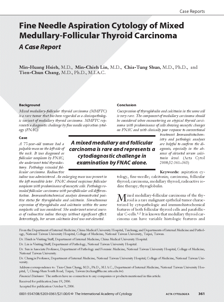 First page of Fine Needle Aspiration Cytology of Mixed Medullary-Follicular Thyroid Carcinoma<subtitle>A Case Report</subtitle>