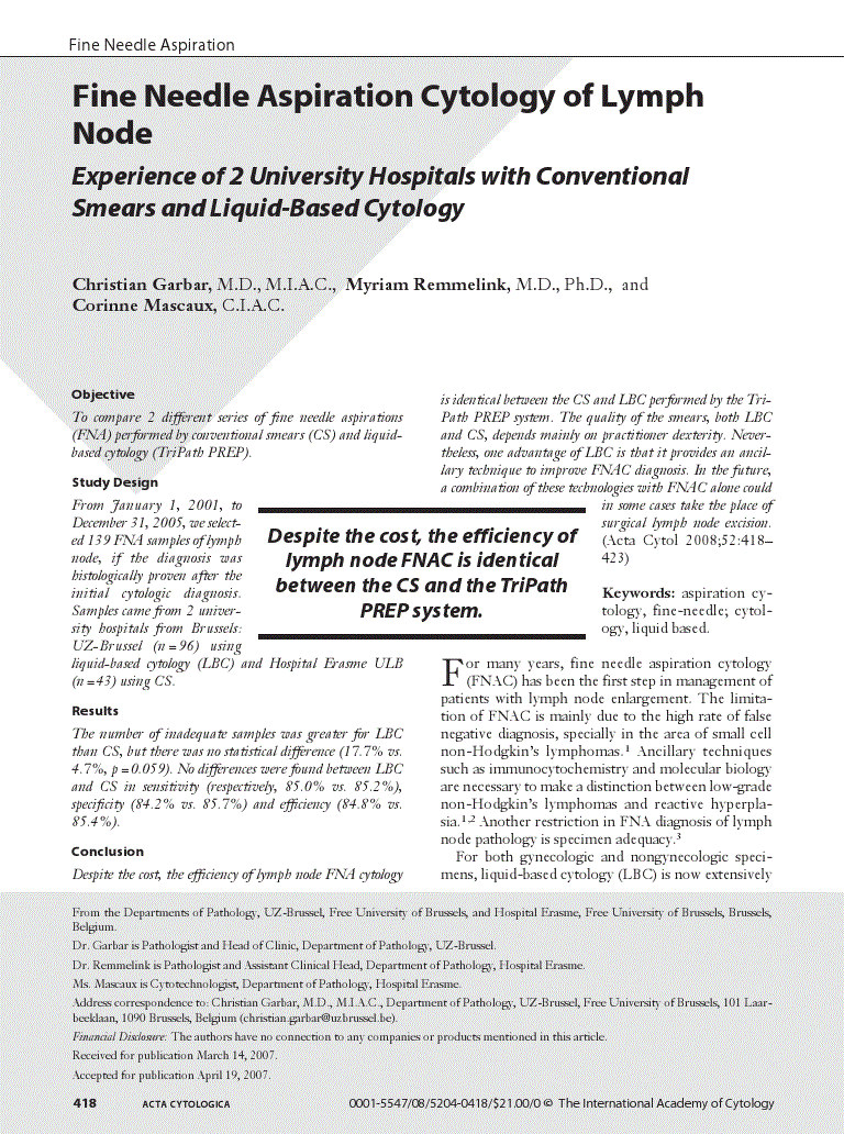 First page of Fine Needle Aspiration Cytology of Lymph Node<subtitle>Experience of 2 University Hospitals with Conventional Smears and Liquid-Based Cytology</subtitle>