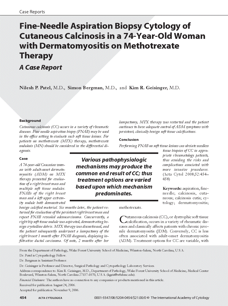 First page of Fine-Needle Aspiration Biopsy Cytology of Cutaneous Calcinosis in a 74-Year-Old Woman with Dermatomyositis on Methotrexate Therapy<subtitle>A Case Report</subtitle>