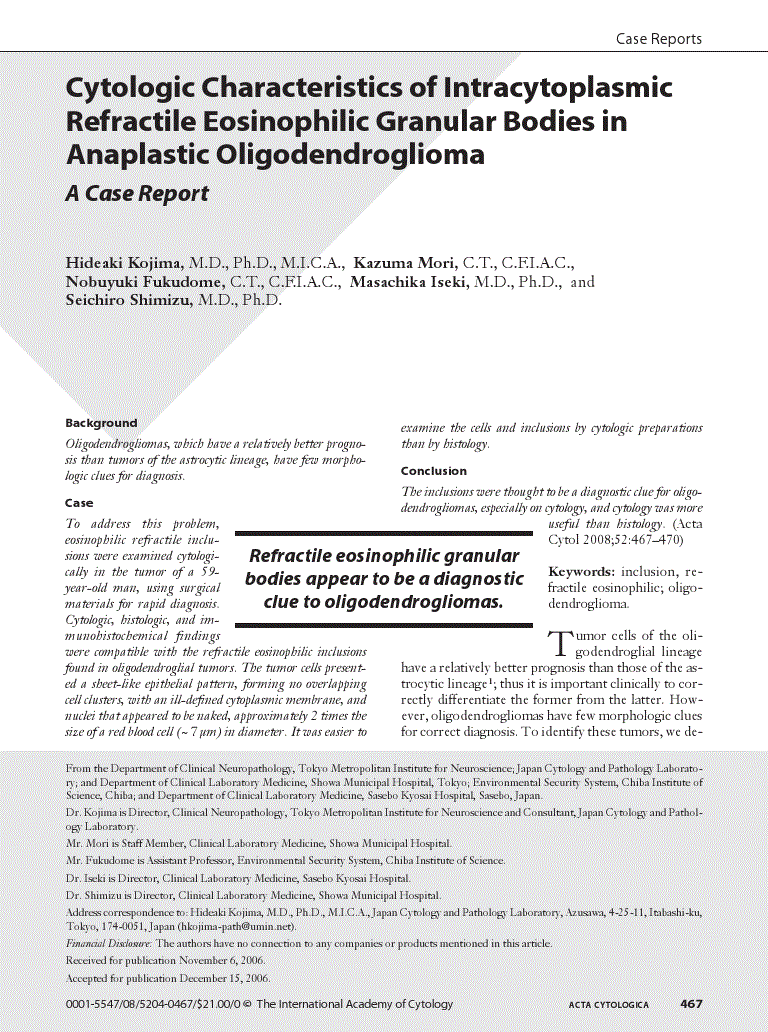 First page of Cytologic Characteristics of Intracytoplasmic Refractile Eosinophilic Granular Bodies in Anaplastic Oligodendroglioma<subtitle>A Case Report</subtitle>