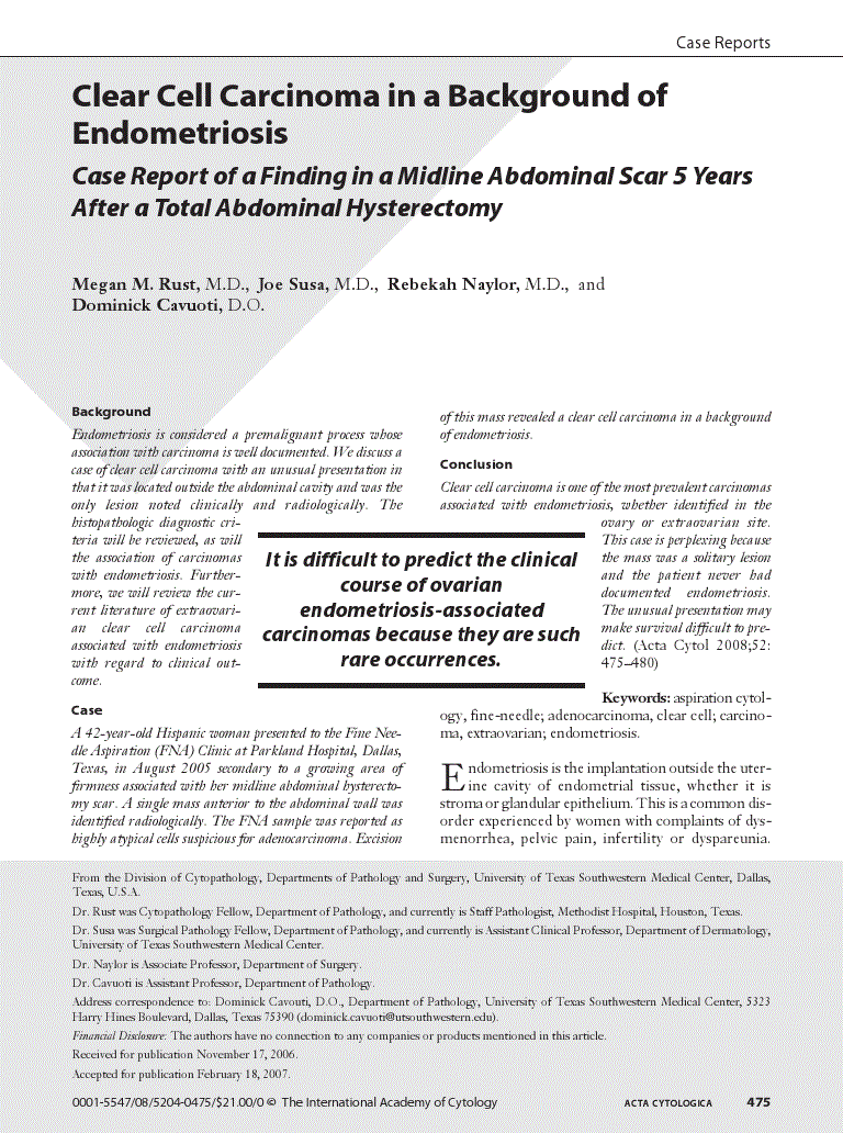 First page of Clear Cell Carcinoma in a Background of Endometriosis<subtitle>Case Report of a Finding in a Midline Abdominal Scar 5 Years After a Total Abdominal Hysterectomy</subtitle>