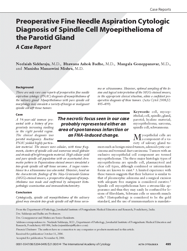 First page of Preoperative Fine Needle Aspiration Cytologic Diagnosis of Spindle Cell Myoepithelioma of the Parotid Gland<subtitle>A Case Report</subtitle>