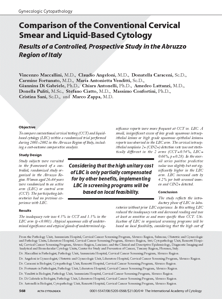First page of Comparison of the Conventional Cervical Smear and Liquid-Based Cytology<subtitle>Results of a Controlled, Prospective Study in the Abruzzo Region of Italy</subtitle>