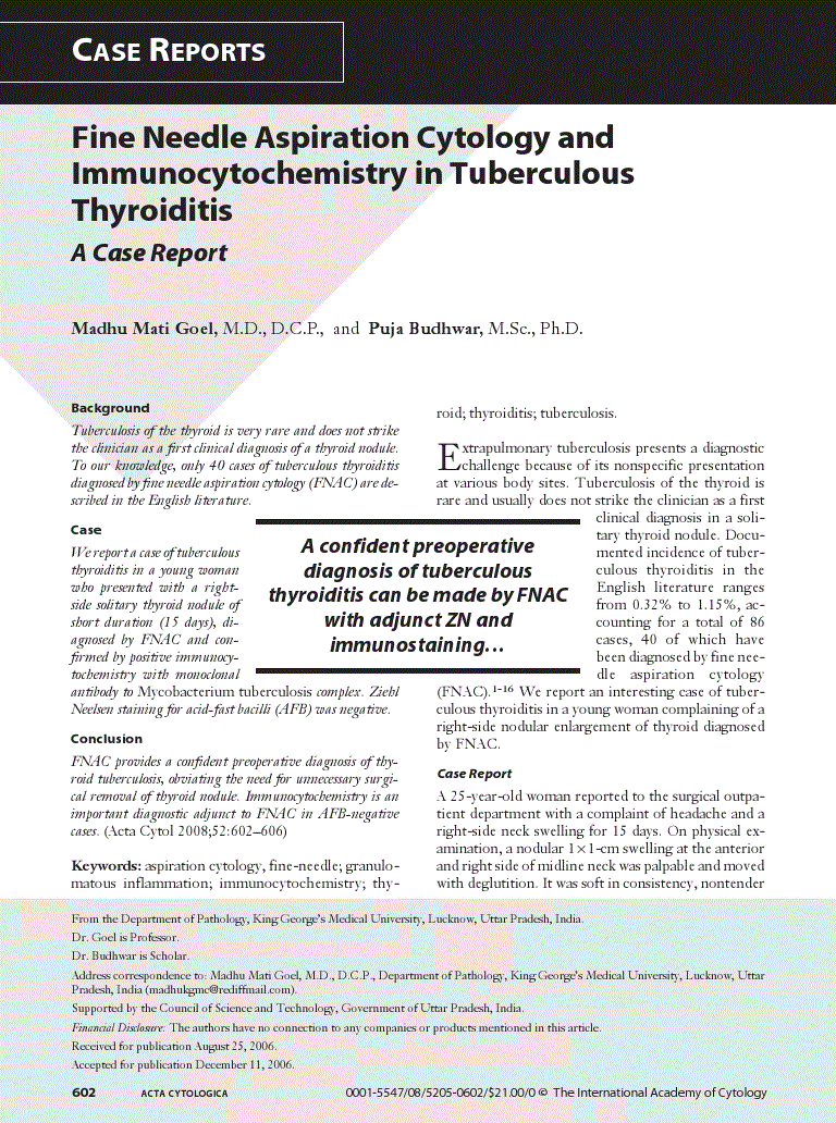 First page of Fine Needle Aspiration Cytology and Immunocytochemistry in Tuberculous Thyroiditis<subtitle>A Case Report</subtitle>