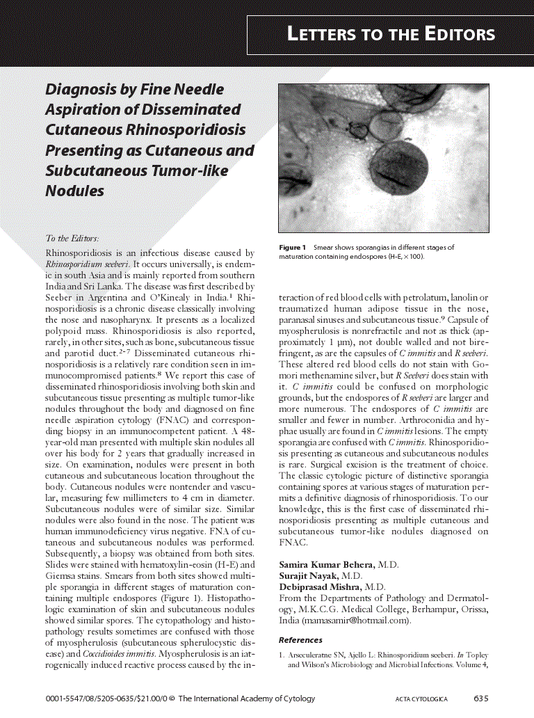 First page of Diagnosis by Fine Needle Aspiration of Disseminated Cutaneous Rhinosporidiosis Presenting as Cutaneous and Subcutaneous Tumor-like Nodules
