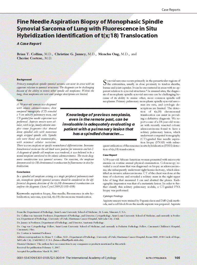 First page of Fine Needle Aspiration Biopsy of Monophasic Spindle Synovial Sarcoma of Lung with Fluorescence in Situ Hybridization Identification of t(x;18) Translocation<subtitle>A Case Report</subtitle>
