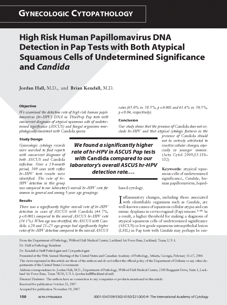 First page of High Risk Human Papillomavirus DNA Detection in Pap Tests with Both Atypical Squamous Cells of Undetermined Significance and Candida