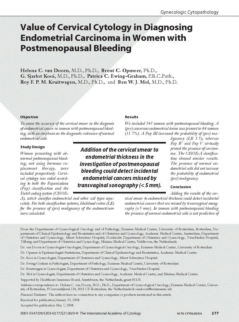 First page of Value of Cervical Cytology in Diagnosing Endometrial Carcinoma in Women with Postmenopausal Bleeding
