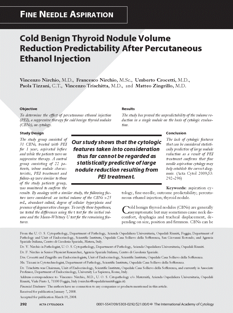 First page of Cold Benign Thyroid Nodule Volume Reduction Predictability After Percutaneous Ethanol Injection