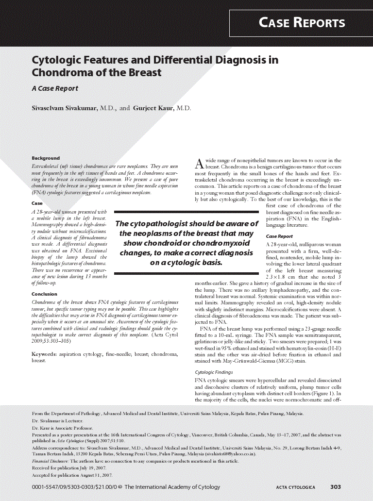 First page of Cytologic Features and Differential Diagnosis in Chondroma of the Breast<subtitle>A Case Report</subtitle>