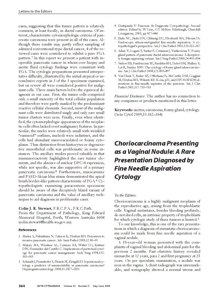 First page of Choriocarcinoma Presenting as a Vaginal Nodule: A Rare Presentation Diagnosed by Fine Needle Aspiration Cytology