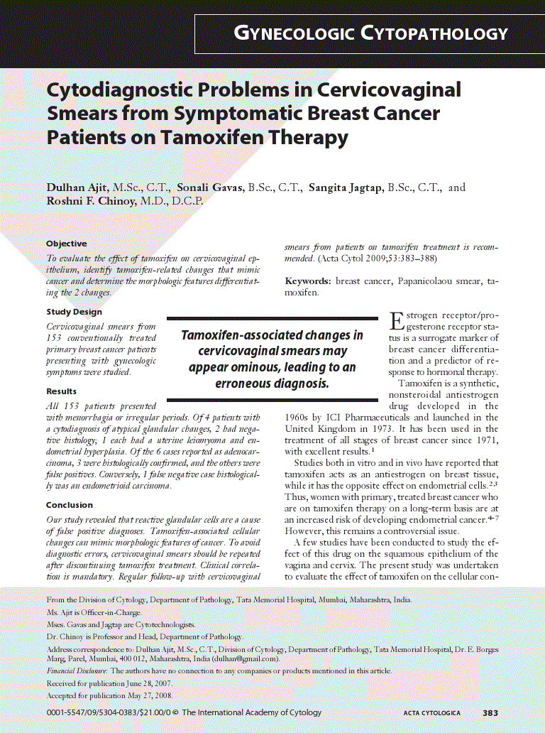 First page of Cytodiagnostic Problems in Cervicovaginal Smears from Symptomatic Breast Cancer Patients on Tamoxifen Therapy