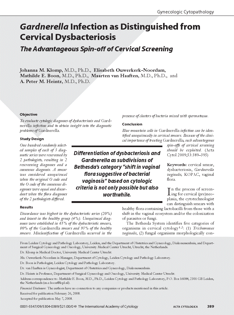 First page of Gardnerella Infection as Distinguished from Cervical Dysbacteriosis<subtitle>The Advantageous Spin-off of Cervical Screening</subtitle>