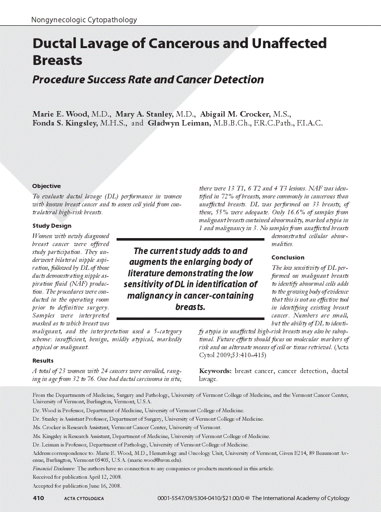 First page of Ductal Lavage of Cancerous and Unaffected Breasts<subtitle>Procedure Success Rate and Cancer Detection</subtitle>