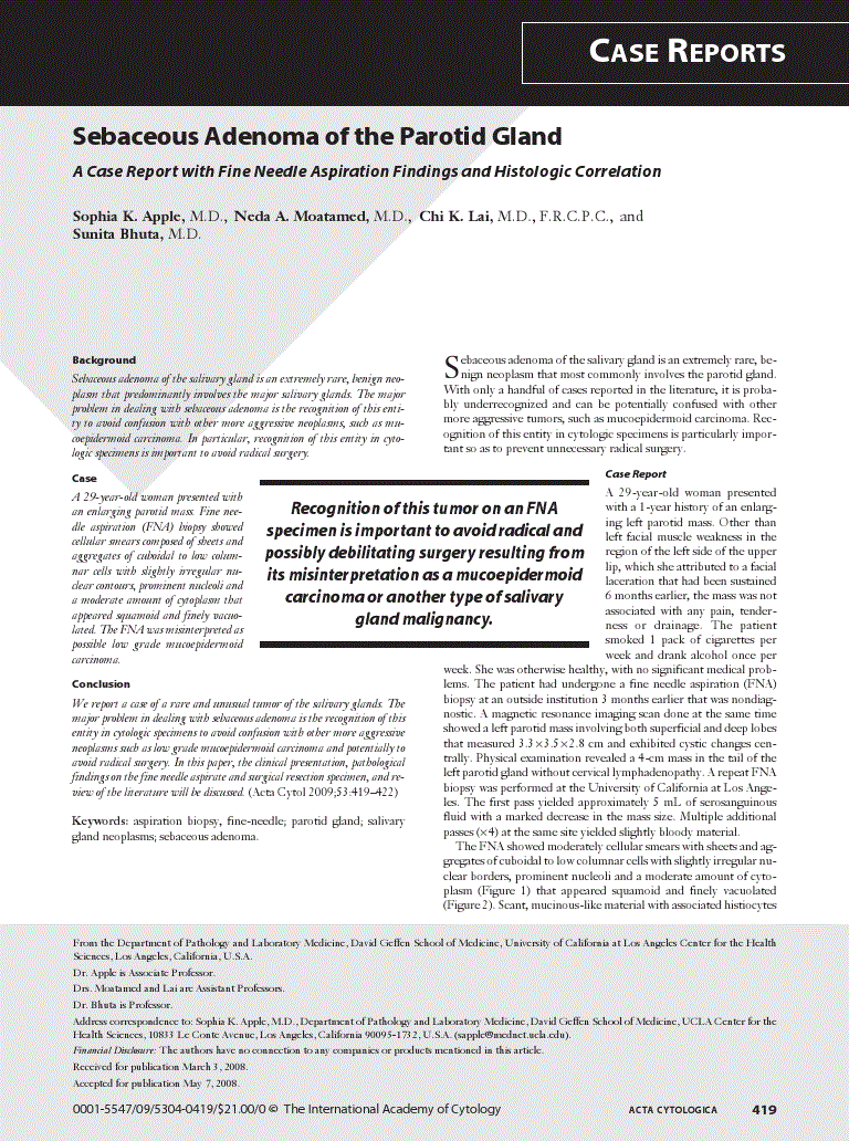First page of Sebaceous Adenoma of the Parotid Gland<subtitle>A Case Report with Fine Needle Aspiration Findings and Histologic Correlation</subtitle>