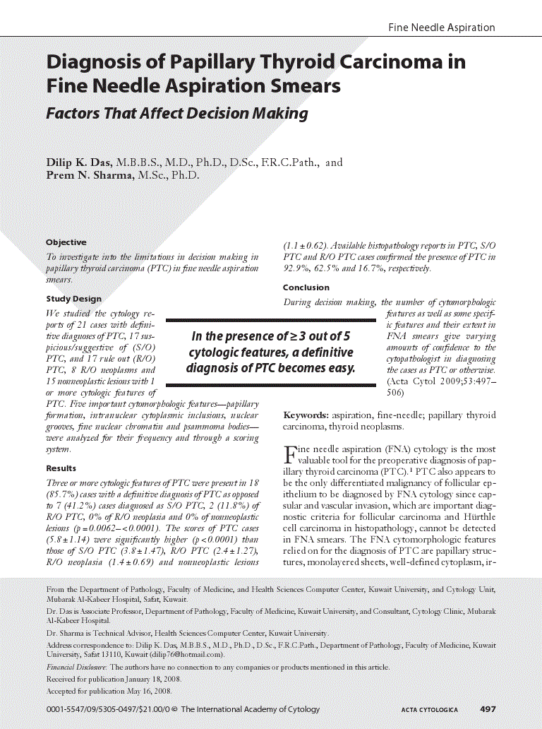 First page of Diagnosis of Papillary Thyroid Carcinoma in Fine Needle Aspiration Smears<subtitle>Factors That Affect Decision Making</subtitle>