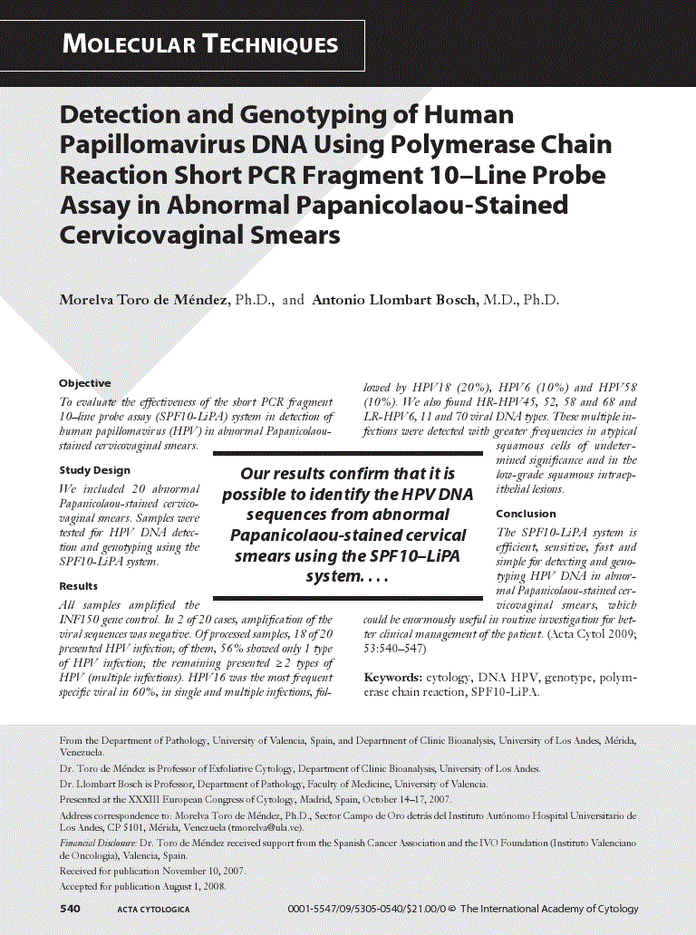 First page of Detection and Genotyping of Human Papillomavirus DNA Using Polymerase Chain Reaction Short PCR Fragment 10–Line Probe Assay in Abnormal Papanicolaou-Stained Cervicovaginal Smears