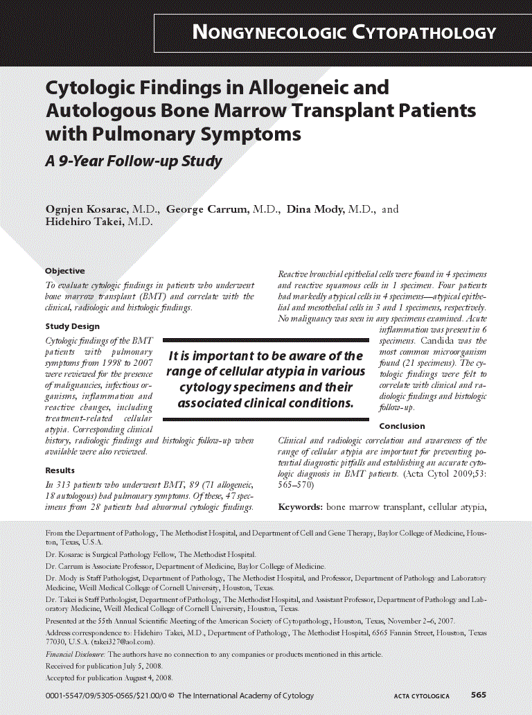 First page of Cytologic Findings in Allogeneic and Autologous Bone Marrow Transplant Patients with Pulmonary Symptoms<subtitle>A 9-Year Follow-up Study</subtitle>