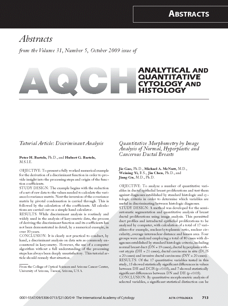 First page of Analytical And Quantitativecytology And Histology from the Volume 31, Number 5, October 2009