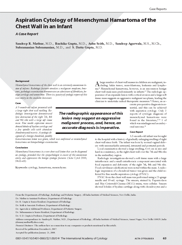 First page of Aspiration Cytology of Mesenchymal Hamartoma of the Chest Wall in an Infant<subtitle>A Case Report</subtitle>