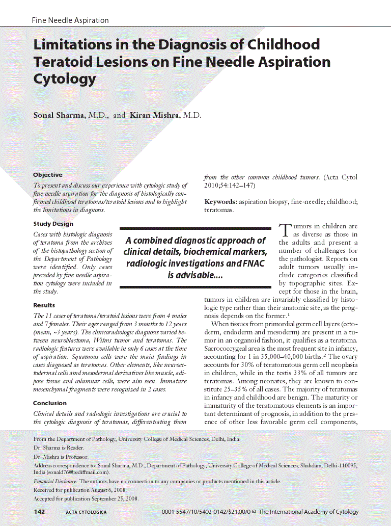 First page of Limitations in the Diagnosis of Childhood Teratoid Lesions on Fine Needle Aspiration Cytology