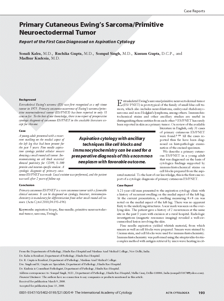First page of Primary Cutaneous Ewing’s Sarcoma/Primitive Neuroectodermal Tumor<subtitle>Report of the First Case Diagnosed on Aspiration Cytology</subtitle>