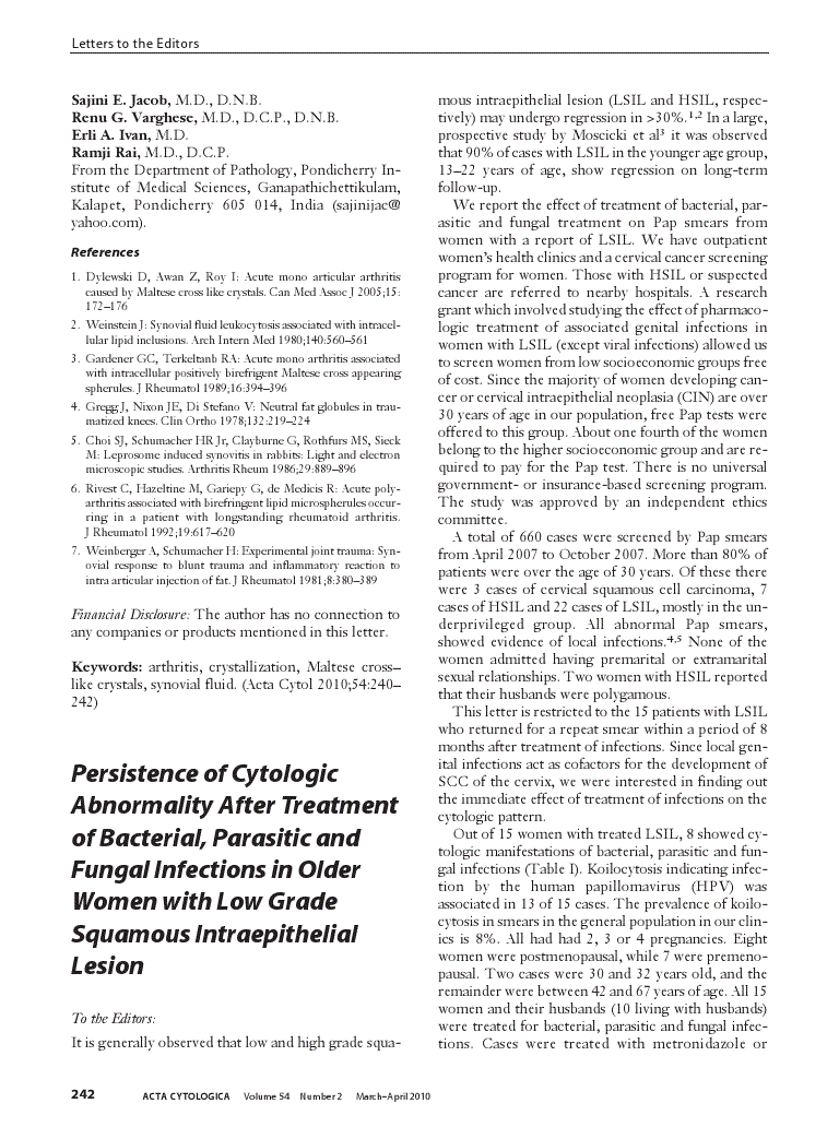First page of Persistence of Cytologic Abnormality After Treatment of Bacterial, Parasitic and Fungal Infections in Older Women with Low Grade Squamous Intraepithelial Lesion