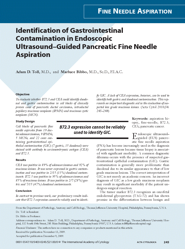 First page of Identification of Gastrointestinal Contamination in Endoscopic Ultrasound–Guided Pancreatic Fine Needle Aspiration