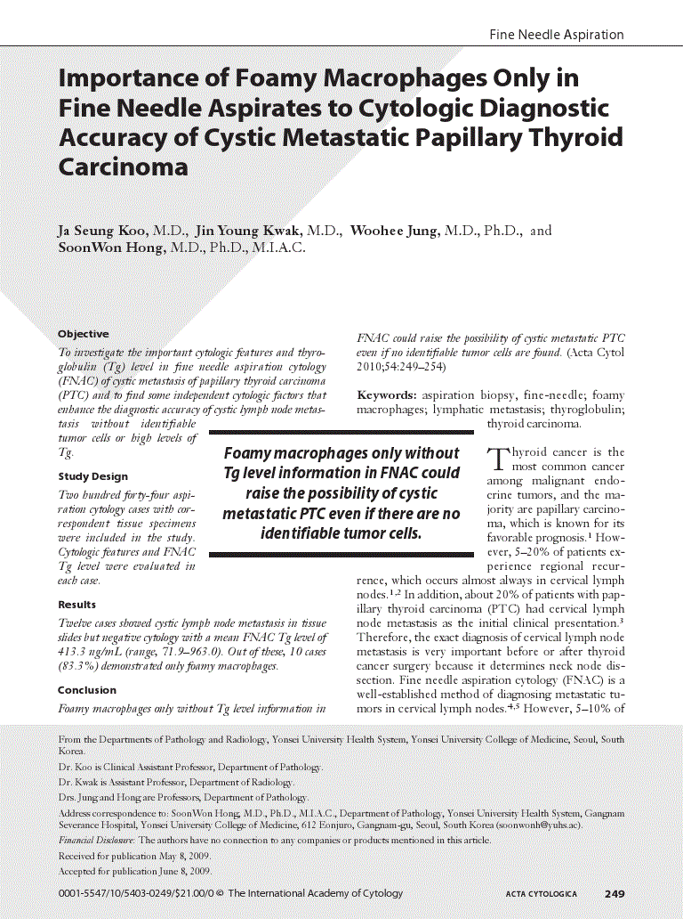 First page of Importance of Foamy Macrophages Only in Fine Needle Aspirates to Cytologic Diagnostic Accuracy of Cystic Metastatic Papillary Thyroid Carcinoma