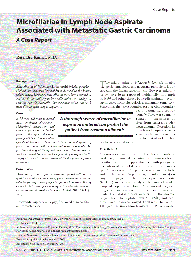 First page of Microfilariae in Lymph Node Aspirate Associated with Metastatic Gastric Carcinoma<subtitle>A Case Report</subtitle>