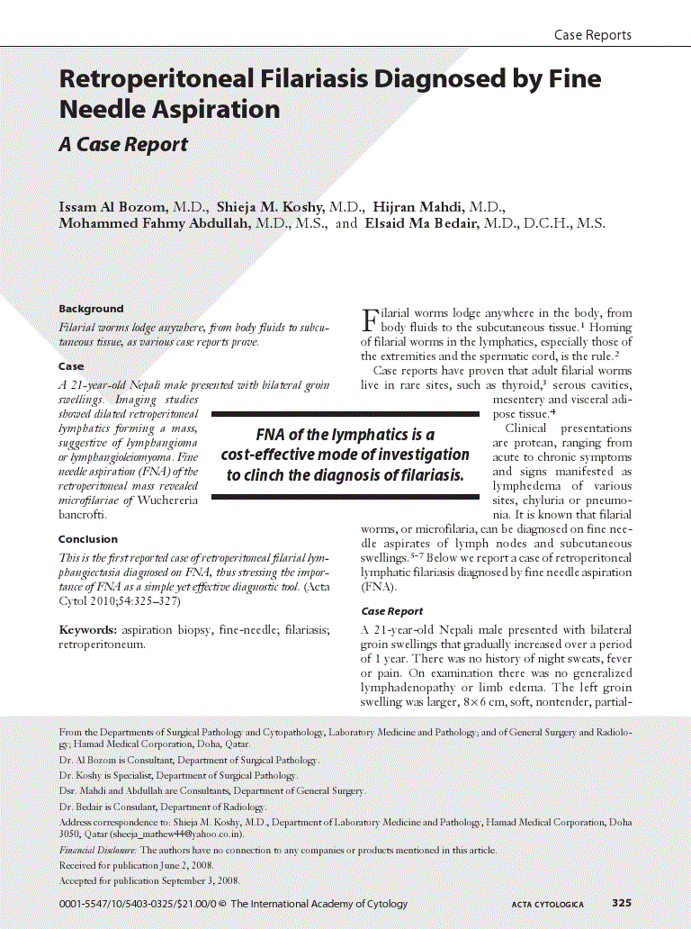 First page of Retroperitoneal Filariasis Diagnosed by Fine Needle Aspiration<subtitle>A Case Report</subtitle>