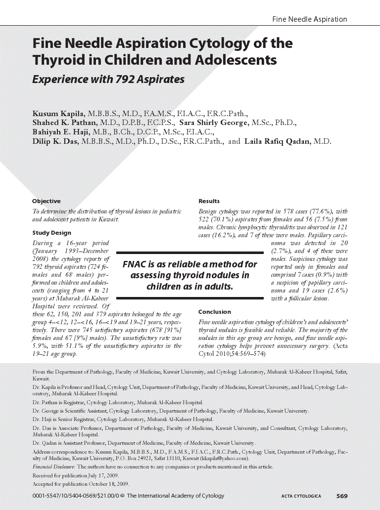 First page of Fine Needle Aspiration Cytology of the Thyroid in Children and Adolescents<subtitle>Experience with 792 Aspirates</subtitle>