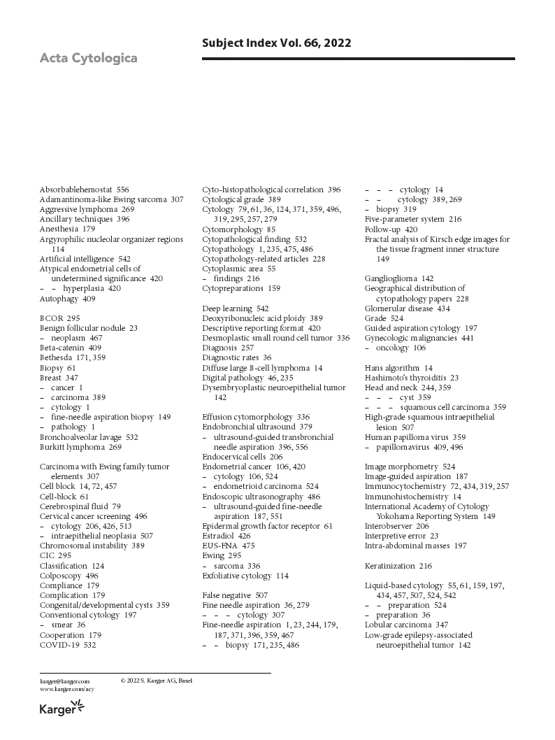 First page of Subject Index Vol. 66, 2022