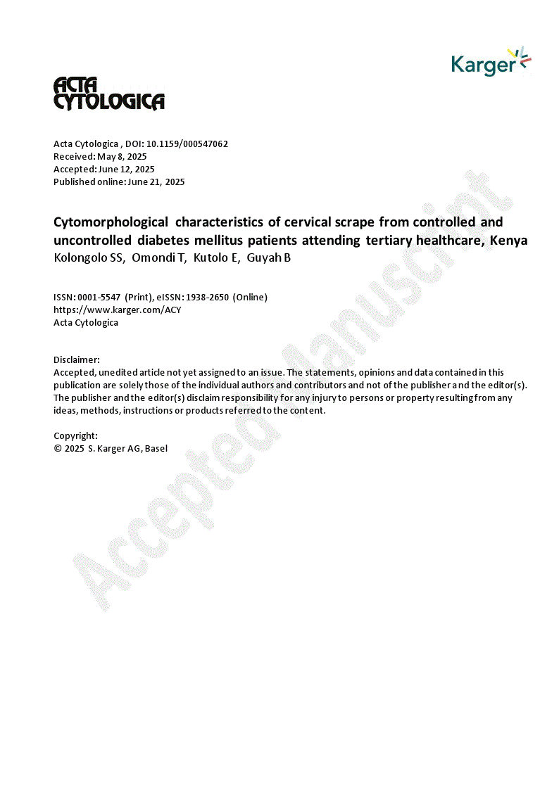 First page of Cytomorphological characteristics of cervical scrape from controlled and uncontrolled diabetes mellitus patients attending tertiary healthcare, Kenya