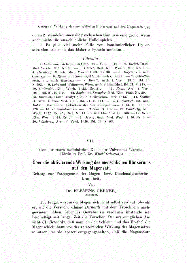 First page of Über die aktivierende Wirkung des menschlichen Blutserums auf den Magensaft