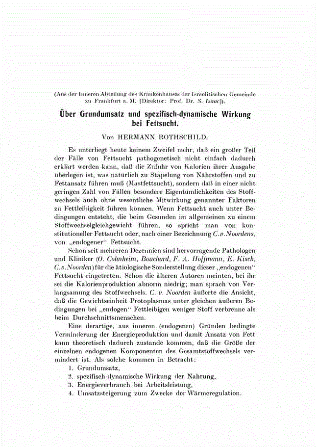 First page of Über Grundumsatz und spezifisch-dynamische Wirkung bei Fettsucht