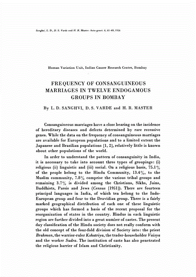 First page of FREQUENCY OF CONSANGUINEOUS MARRIAGES IN TWELVE ENDOGAMOUS GROUPS IN BOMBAY