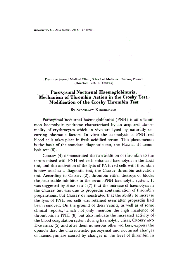 First page of Paroxysmal Nocturnal Haemoglobinuria. Mechanism of Thrombin Action in the Crosby Test. Modification of the Crosby Thrombin Test