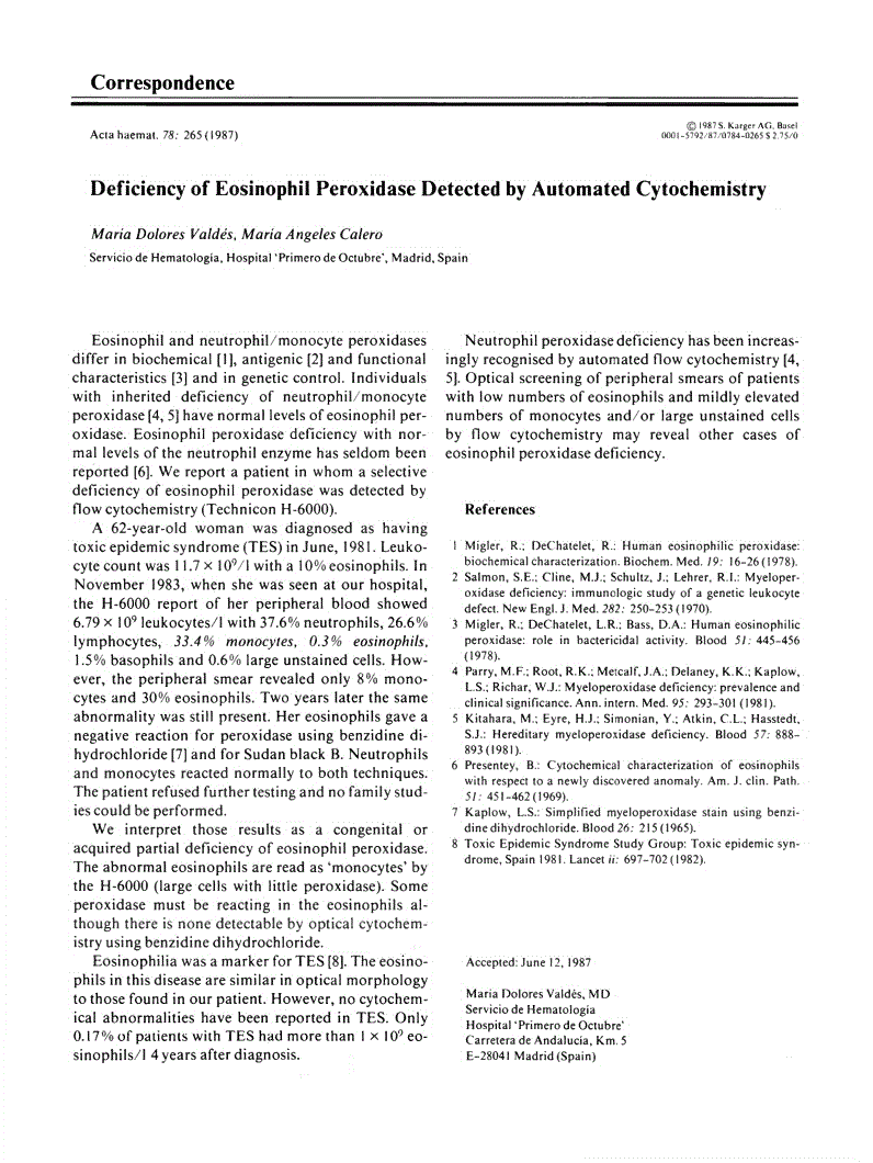First page of Deficiency of Eosinophil Peroxidase Detected by Automated Cytochemistry