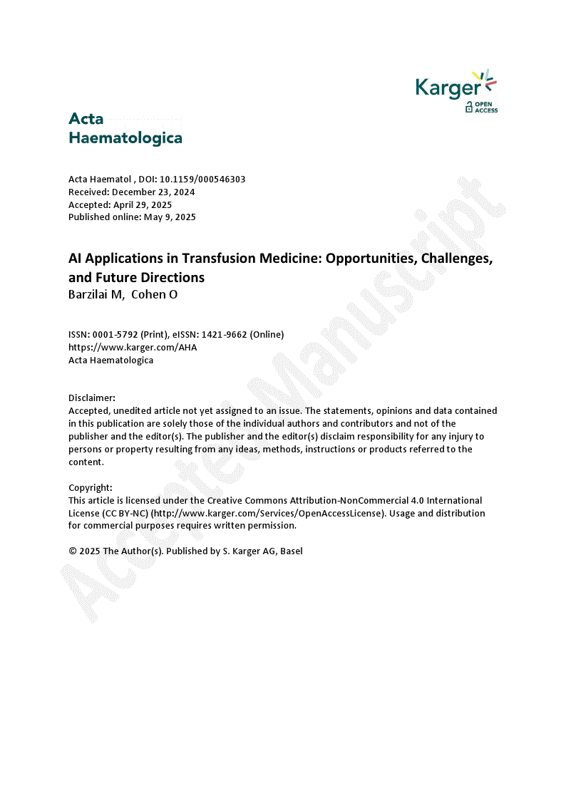 First page of AI Applications in Transfusion Medicine: Opportunities, Challenges, and Future Directions 