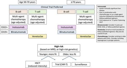 Treatment algorithm for older adults with Ph– acute lymphoblastic leukemia. The therapeutic landscape for older adults with Ph– ALL has improved and expanded with the incorporation of lineage-restricted immunotherapy (inotuzumab, blinatumomab) and lineage-agnostic targeted therapy (venetoclax) into the frontline. Selection of treatment is informed by disease features, chronologic age, and comorbidities. Chemotherapy should be given with dose adjustments for age. For CD22+ B-ALL, inotuzumab may be incorporated into induction regimens in the absence of liver disease. For CD19+ B-ALL, blinatumomab is added to consolidation although optimal timing and number of cycles remains to be determined. Venetoclax remains investigational but may be used for T-cell ALL or where inotuzumab is contraindicated or not favored. Transplant eligible patients with high-risk genetics (KMT2A/MLL-rearranged, low hypodiploid/near triploid, TP53-mutant, complex karyotype, myeloid mutant, Ph-like), and/or unfavorable MRD response should be considered for HSCT in first remission or a CAR-T clinical trial. HSCT, hematopoietic stem cell transplant; MRD, measurable residual disease.
