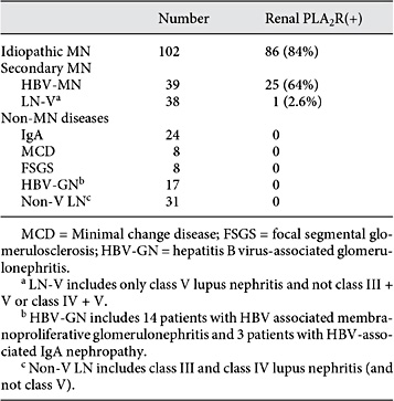 Renal PLA2R in MN and non-MN glomerulonephritis samples
