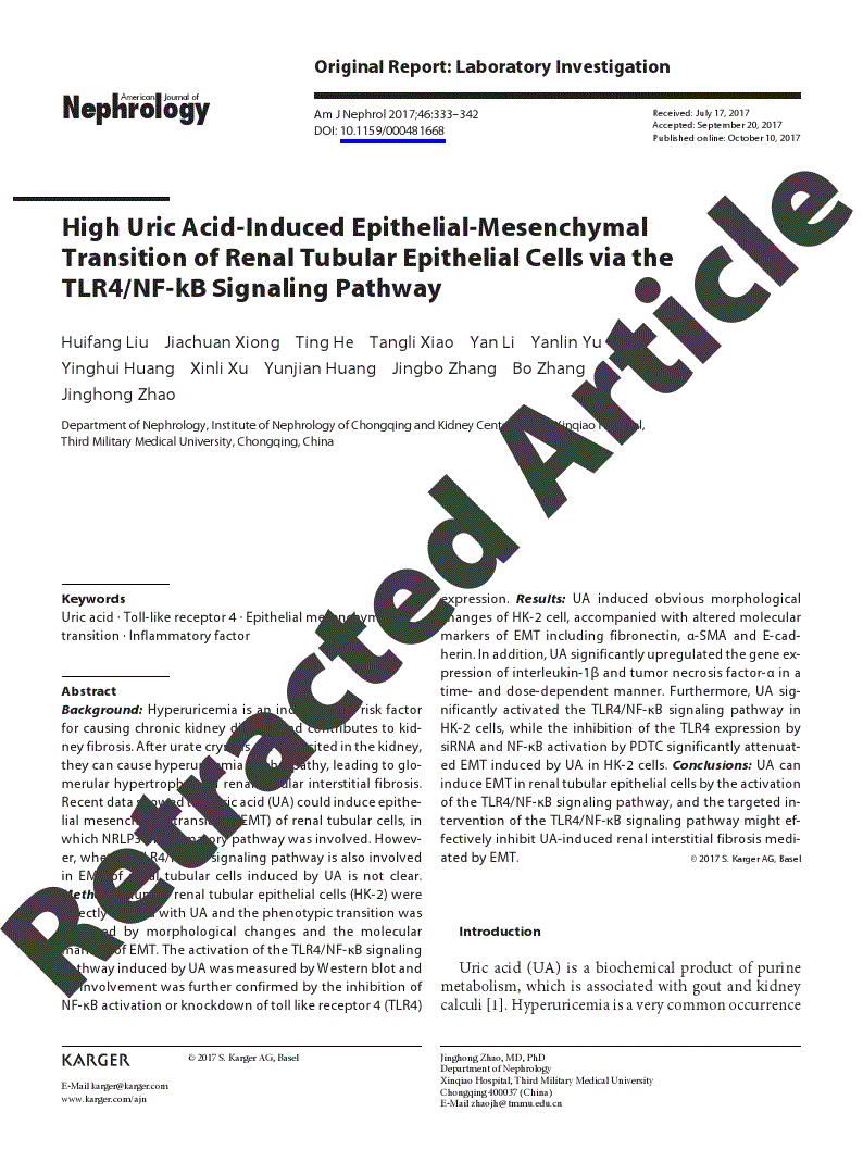 First page of Retracted Paper - High Uric Acid-Induced Epithelial-Mesenchymal Transition of Renal Tubular Epithelial Cells via the TLR4/NF-kB Signaling Pathway