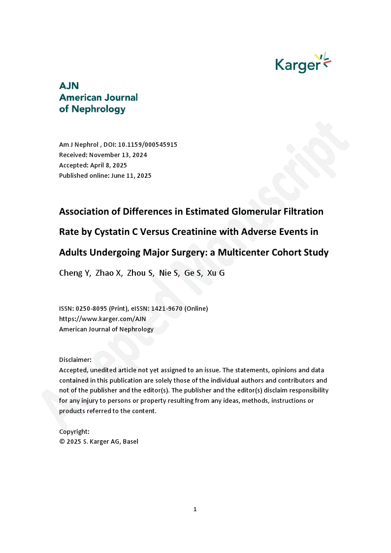 First page of Association of Differences in Estimated Glomerular Filtration Rate by Cystatin C Versus Creatinine with Adverse Events in Adults Undergoing Major Surgery: a Multicenter Cohort Study