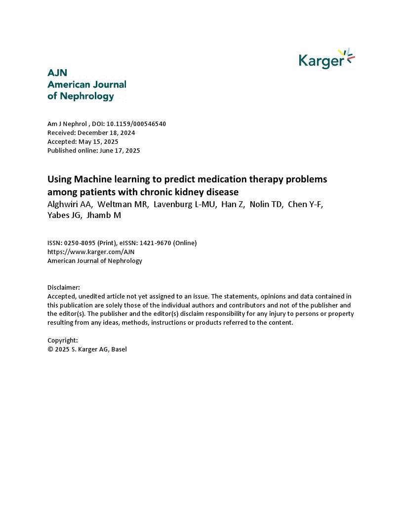 First page of Using Machine learning to predict medication therapy problems among patients with chronic kidney disease