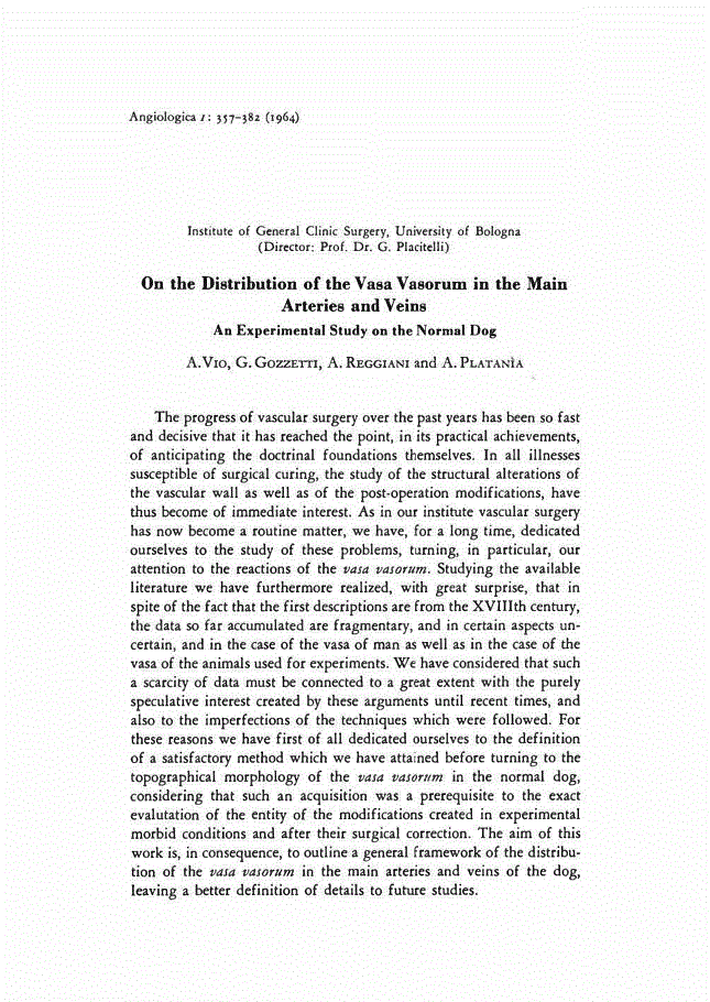 First page of On the Distribution of the Vasa Vasorum in the Main Arteries and Veins<subtitle>An Experimental Study on the Normal Dog</subtitle>