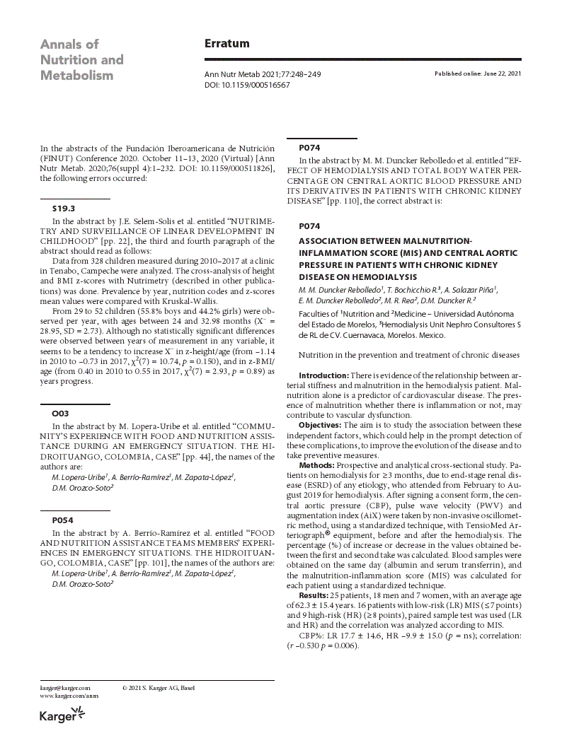 First page of Erratum - Abstracts of the Fundación Iberoamericana de Nutrición (FINUT) Conference 2020