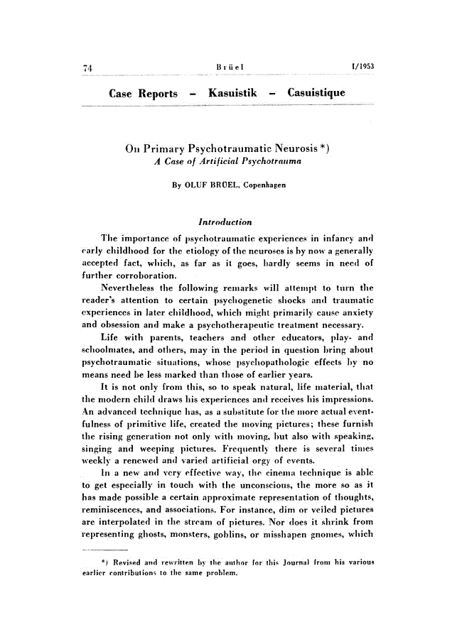 First page of On Primary Psychotraumatic Neurosis<subtitle>A Case of Artificial Psychotrauma</subtitle>